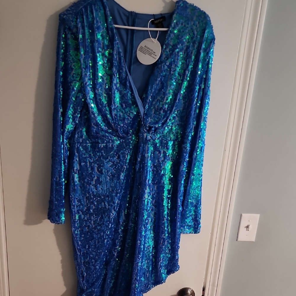 Blue Sequin Long Sleeve Dress